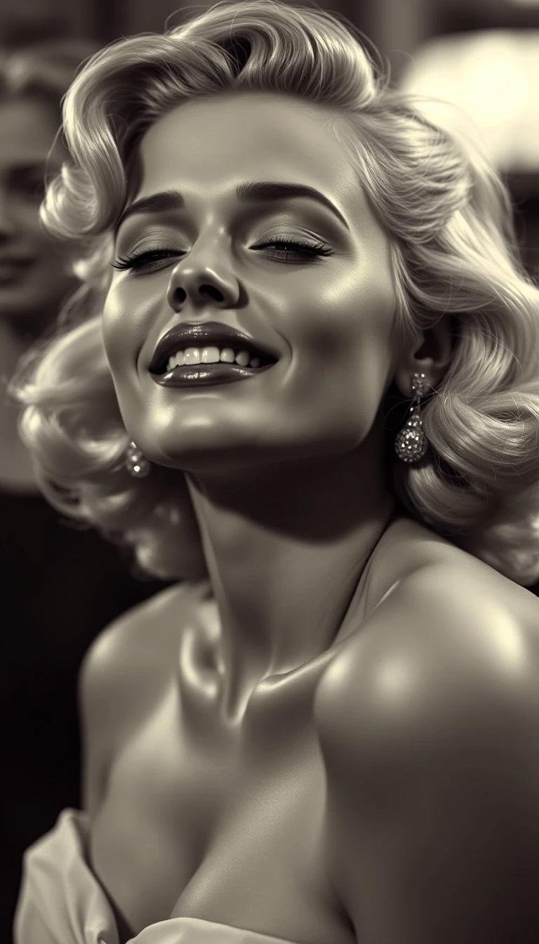 Black and white portrait of a woman with vintage-style blonde waves, red lipstick, and pearl earrings smiling at the camera